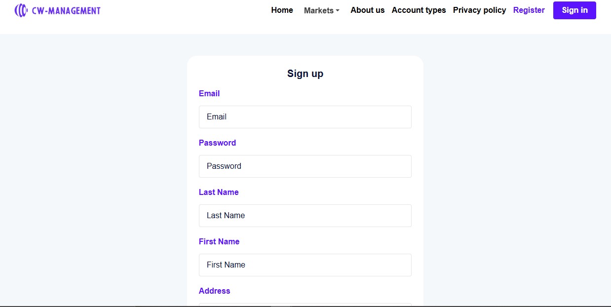 CW Management SignUp Page CW Management SignUp Page